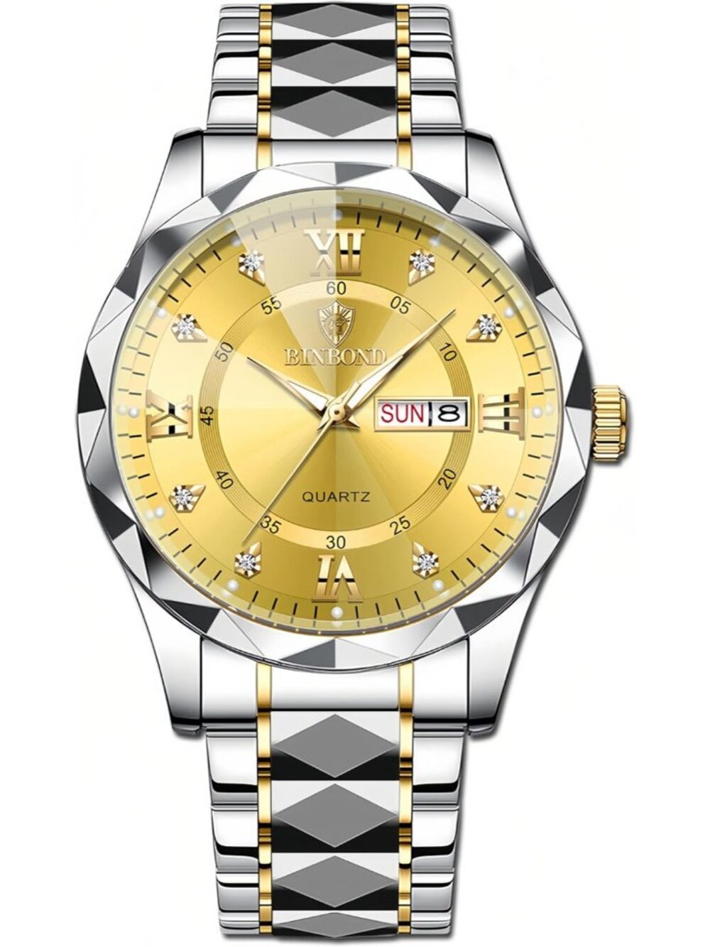 Men's Silver And Gold Analog Stainless Steel Roman Numeral Diamond Luxury Watch